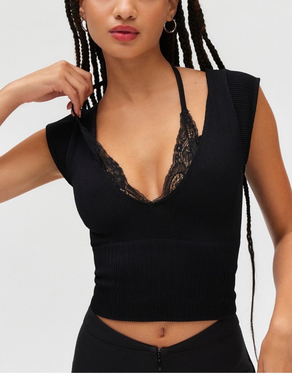 UO Out from under Black Ribbed V-Neck Lace Trim Cropped Top